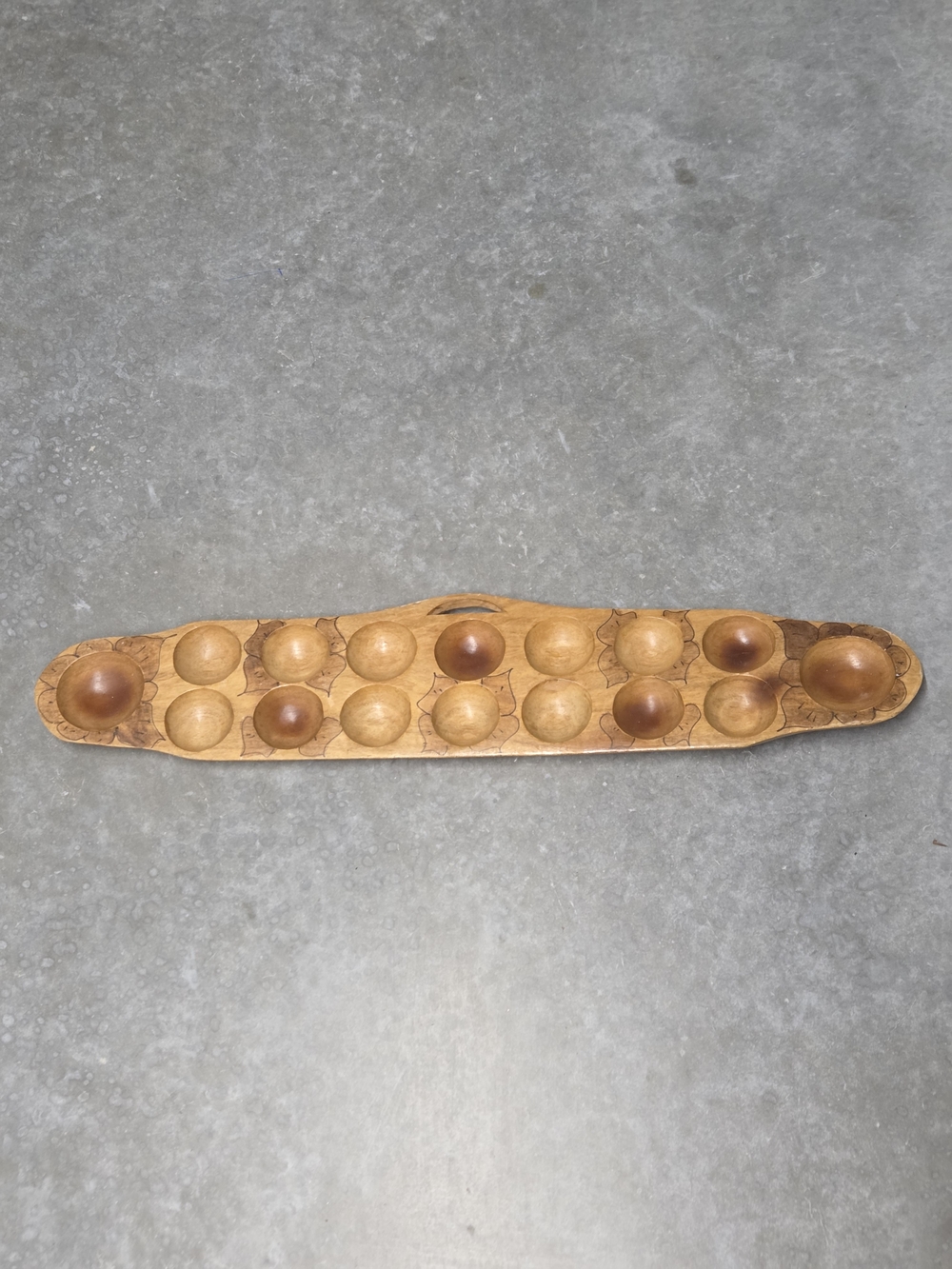 Hand-Carved Wooden Mancala Game Board - Natural Brown
